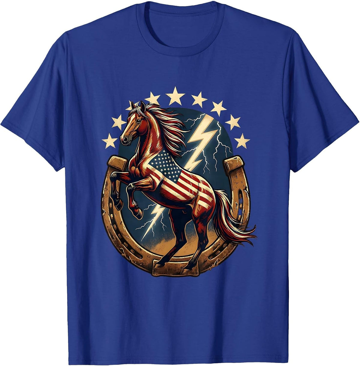 Men's Rearing Horse Lightning Storm Cowboy Graphic T-Shirt - Royal Blue