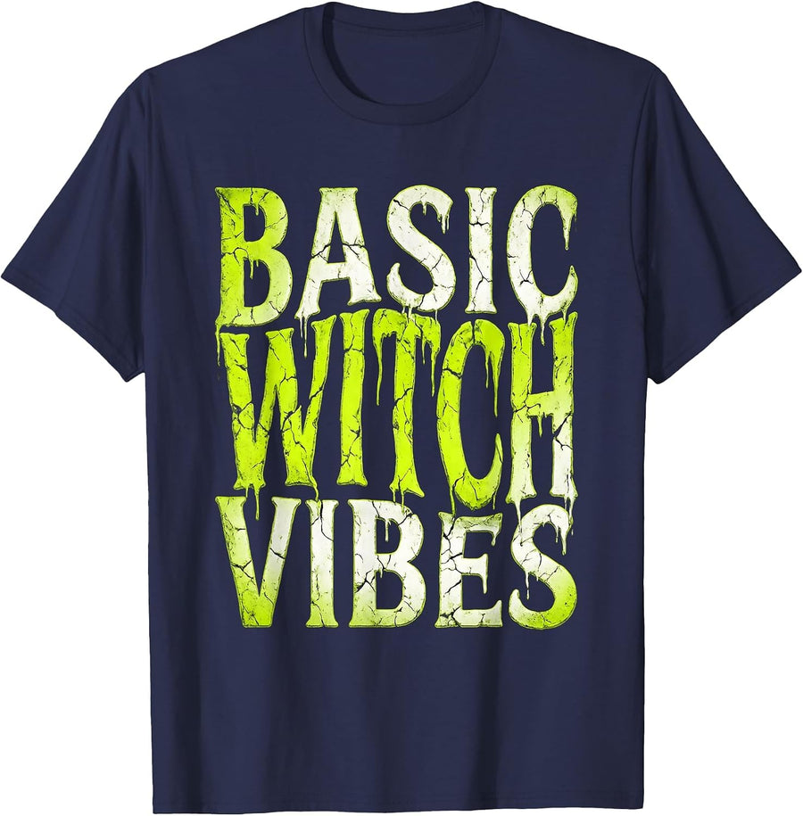Basic Witch Vibes Spooky Season Design T-Shirt - Navy Blue