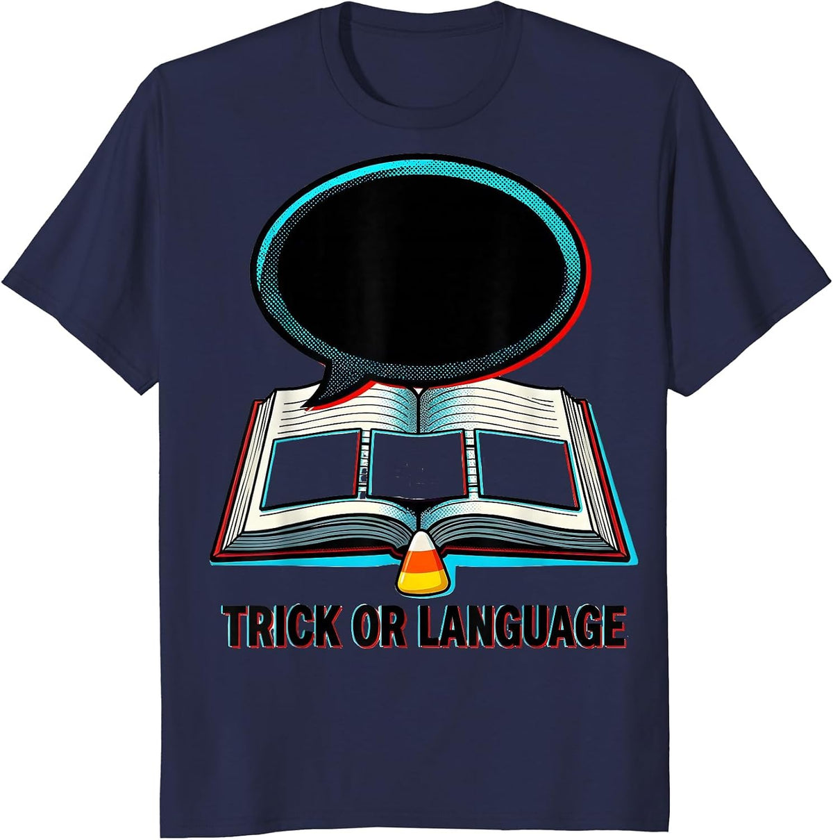 Men's Trick or Language Pop Art Speech Therapy SLP Halloween Humor T-Shirt - Navy Blue