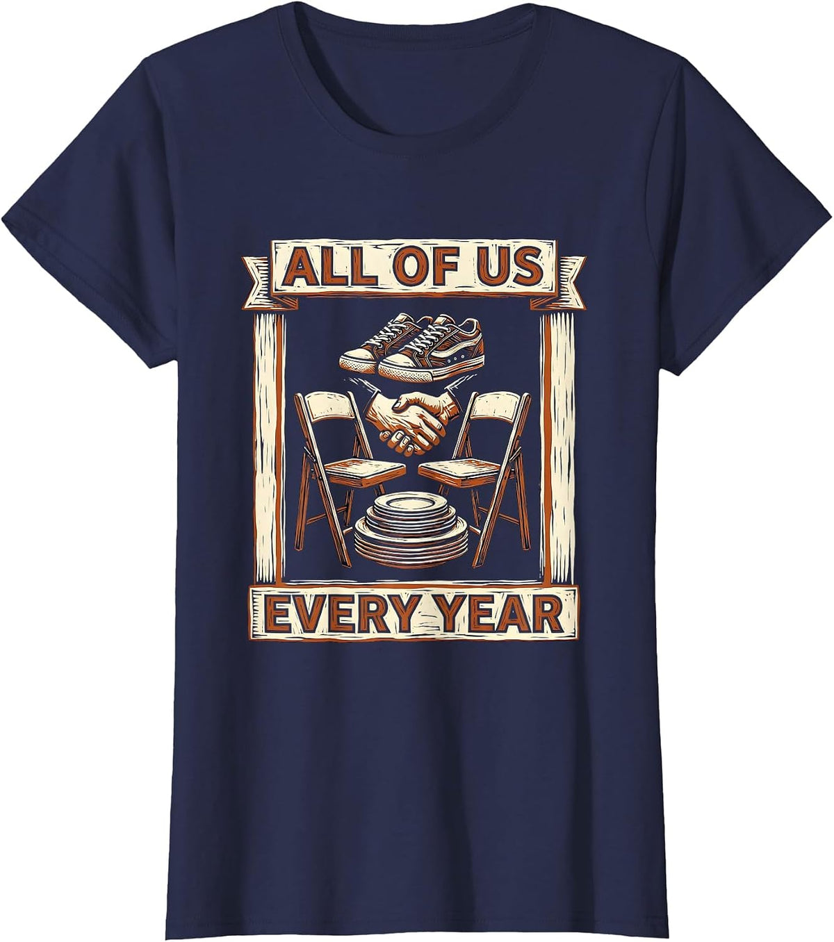 Women's All Of Us Every Year Linocut Family Reunion Matching T-Shirt - Navy Blue