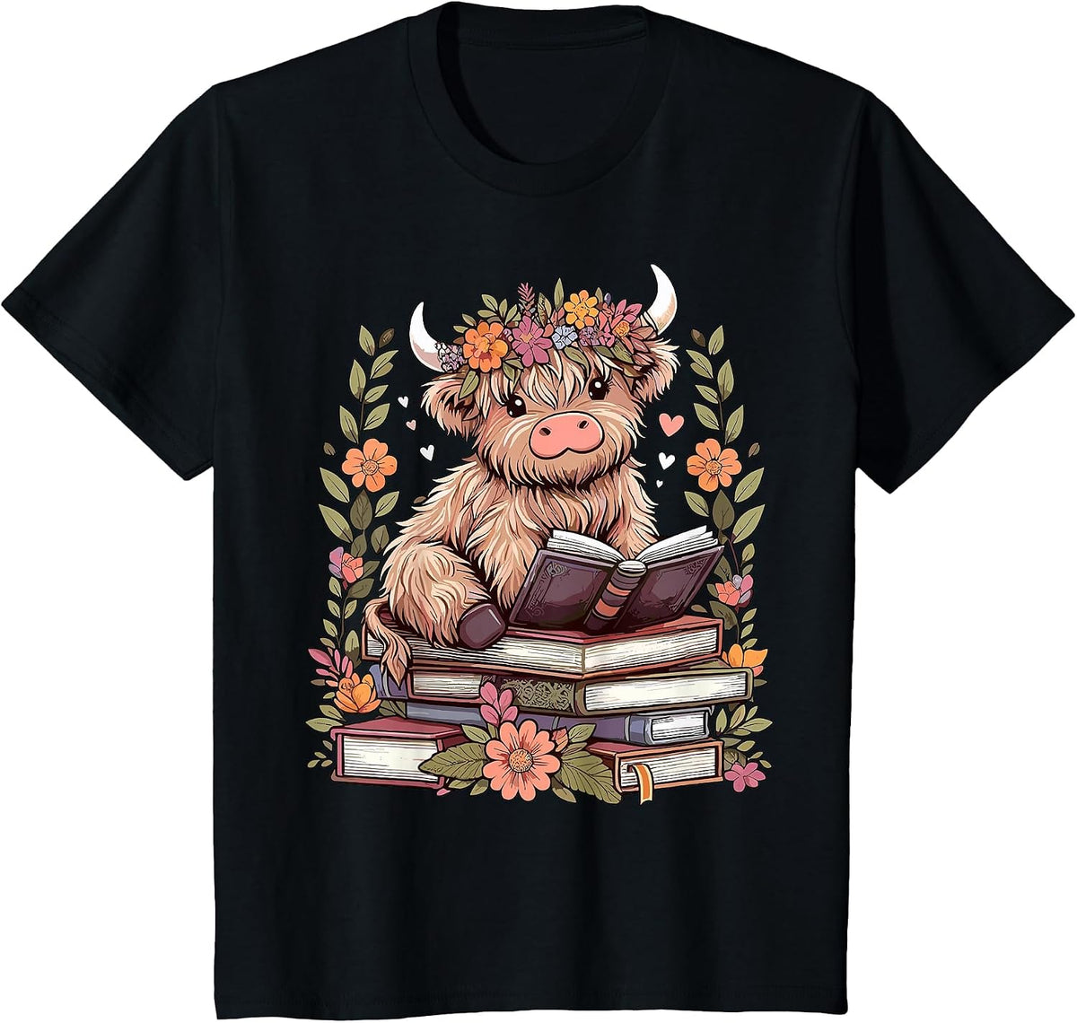 Cute Baby Highland Cow Reading Book Bookworm T-Shirt - Black