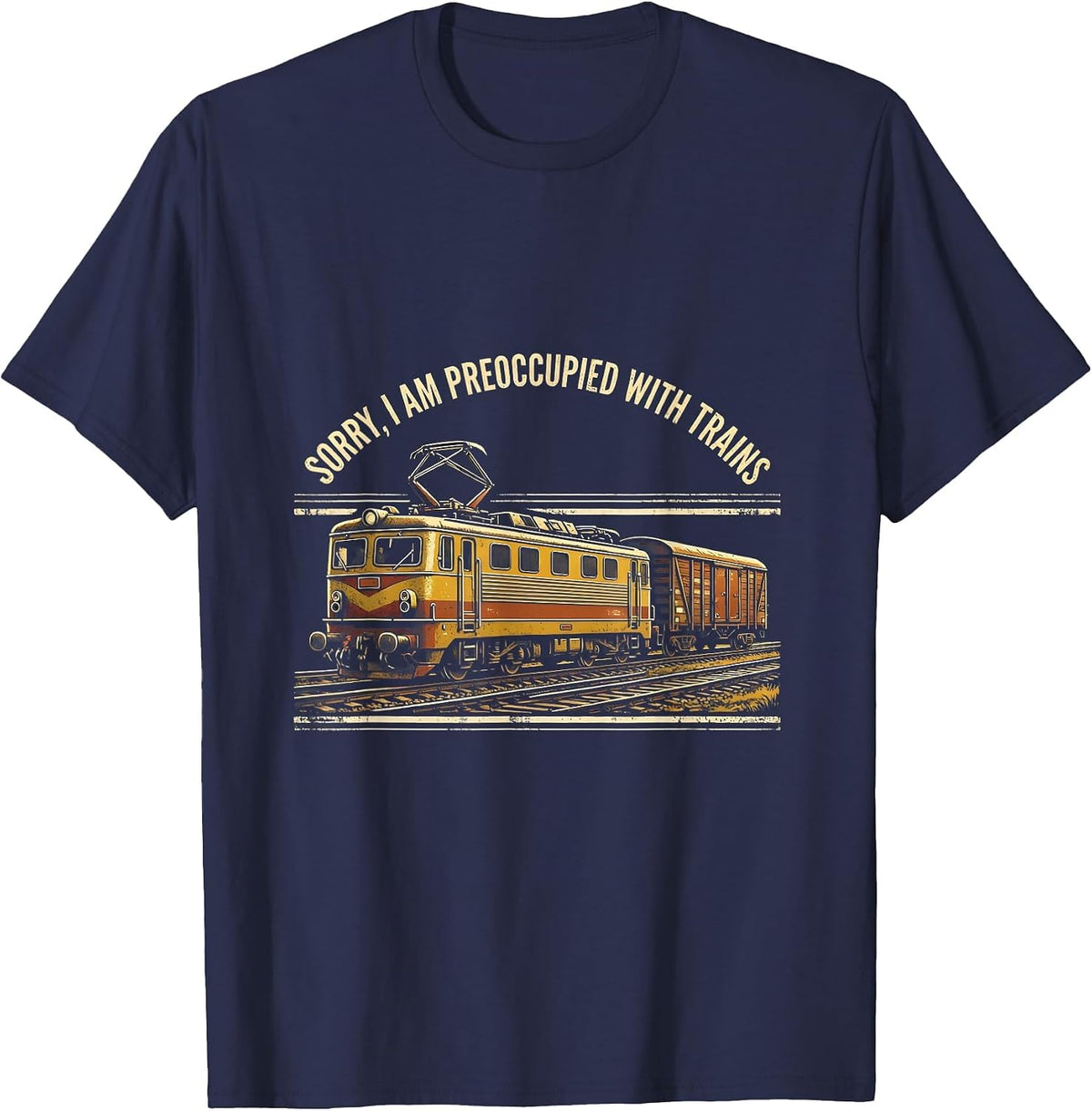 Men's Sorry, I Am Preoccupied With Trains Distressed Train T-Shirt - Navy Blue