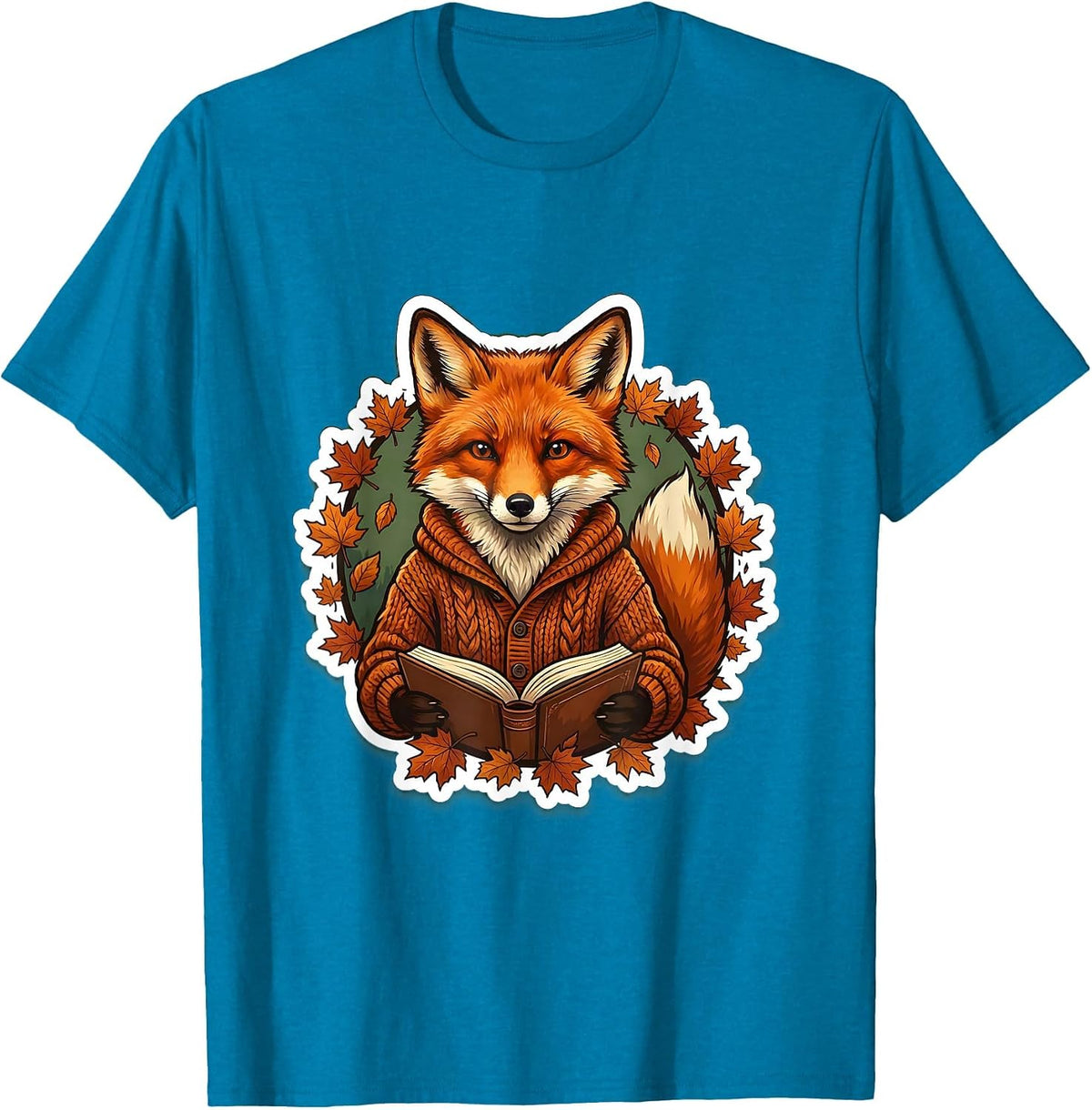 Fall Teacher Fox Reading Book Illustration T-Shirt - Sapphire Blue