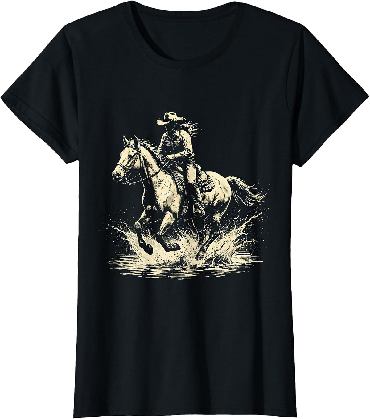 Women's Cowgirl Riding Horse Through River Illustration T-Shirt - Black