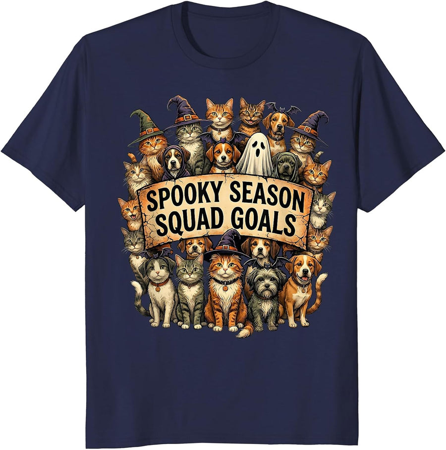 Cats and Dogs Halloween Spooky Season Squad Goals T-Shirt - Navy Blue