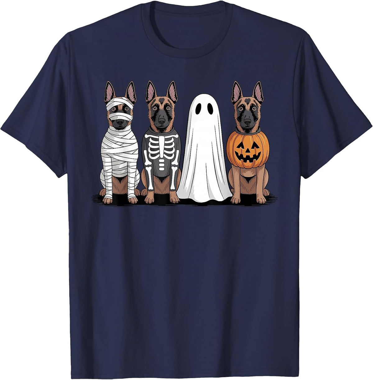 Spooky Ghost Belgian Malinois Pumpkin Halloween Dog Skeleton T-Shirt - Navy Blue