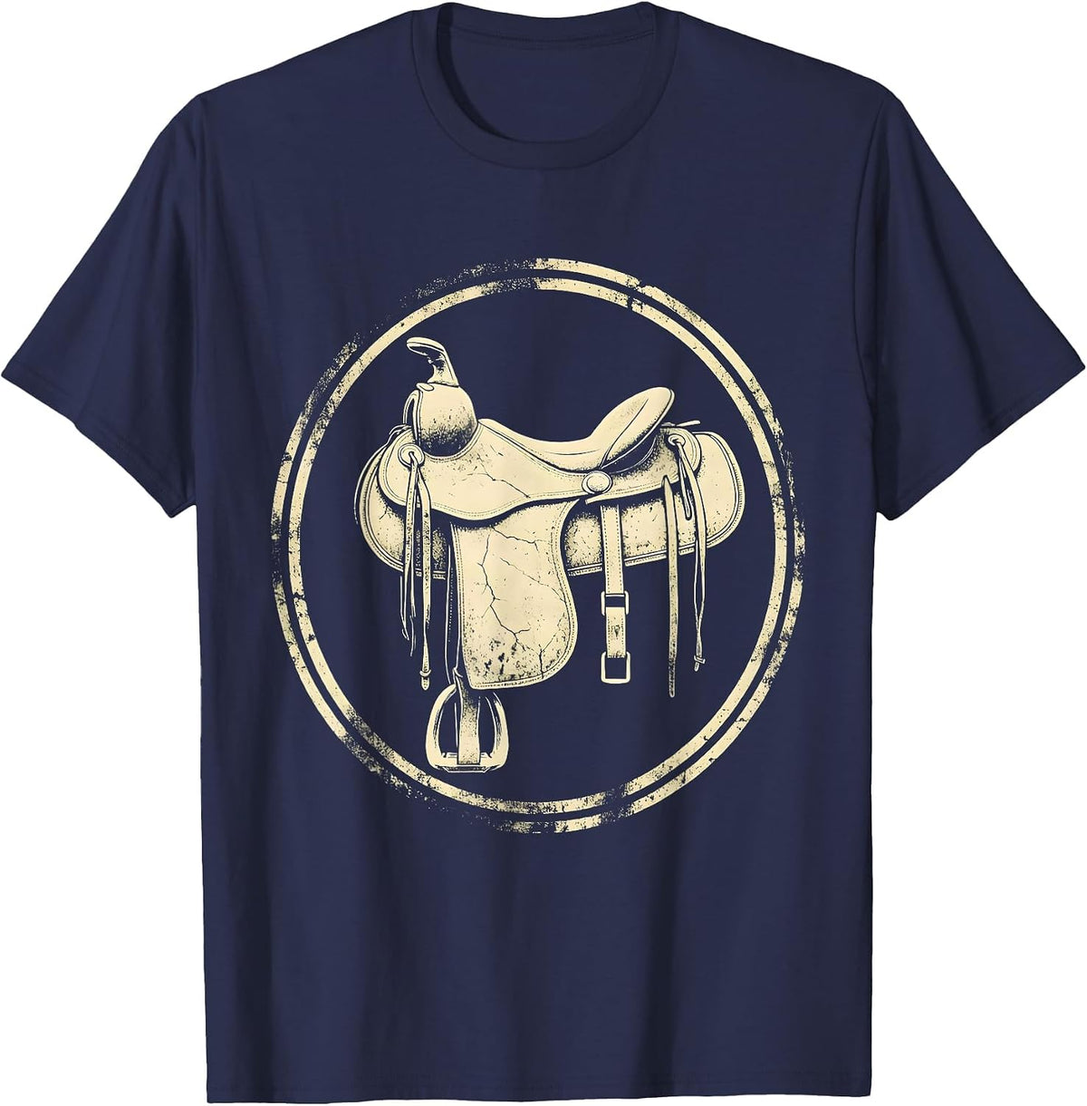 Western Saddle Dried Wildflowers Boho Cowgirl Art T-Shirt - Navy Blue