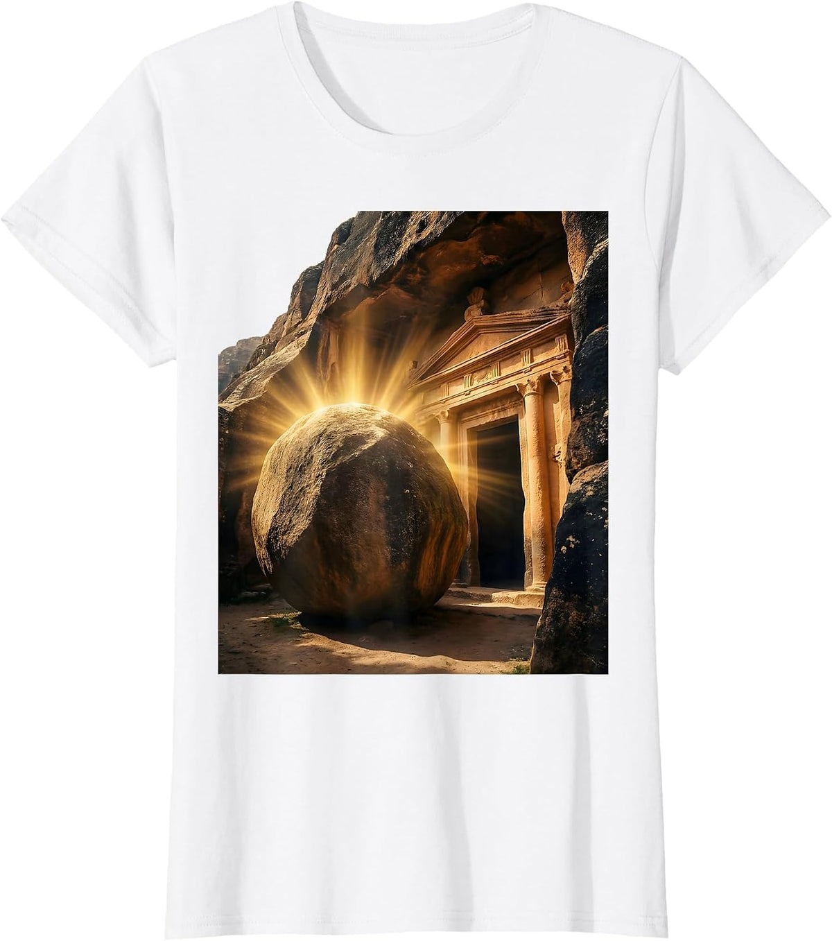 Women's Jesus Stone Tomb Sealed Boulder Illustration T-Shirt - White