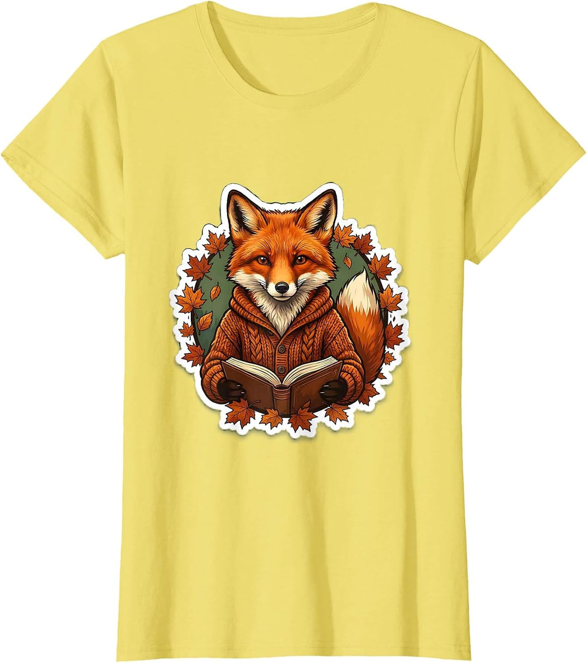 Fall Teacher Fox Reading Book Illustration T-Shirt - Lemon Yellow
