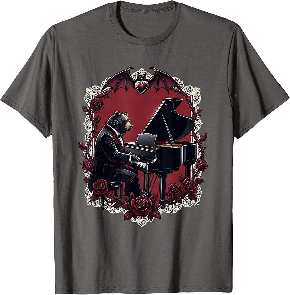 Men's Bear in Tuxedo at Grand Piano Illustration T-Shirt - Asphalt Grey