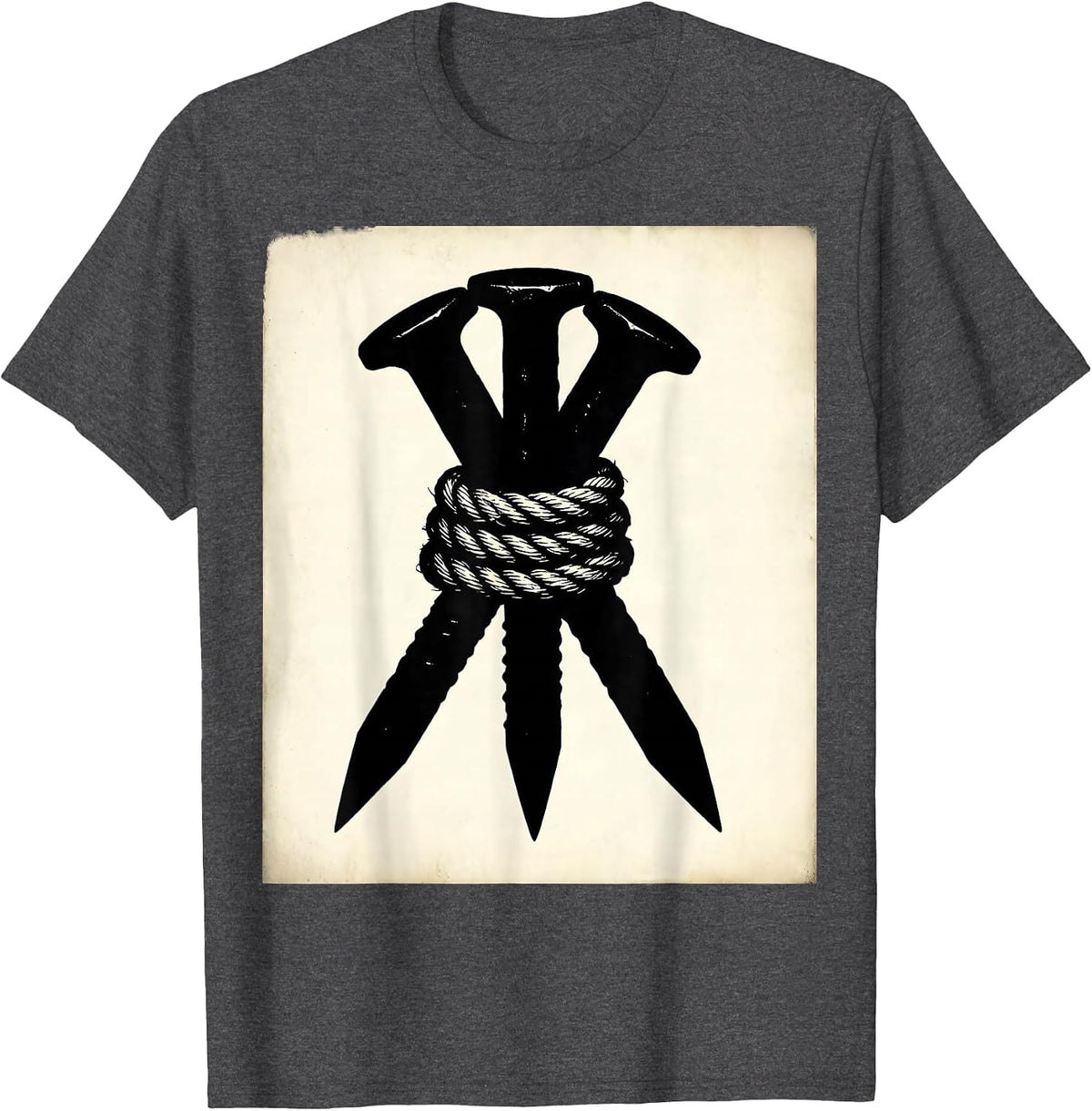 Men's Three Nails Cross Bound Rope Christian Graphic T-Shirt - Dark Heather Grey