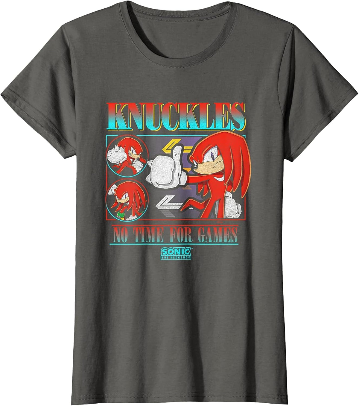 Sonic The Hedgehog Knuckles No Time for Games Vintage T-Shirt - Asphalt Grey