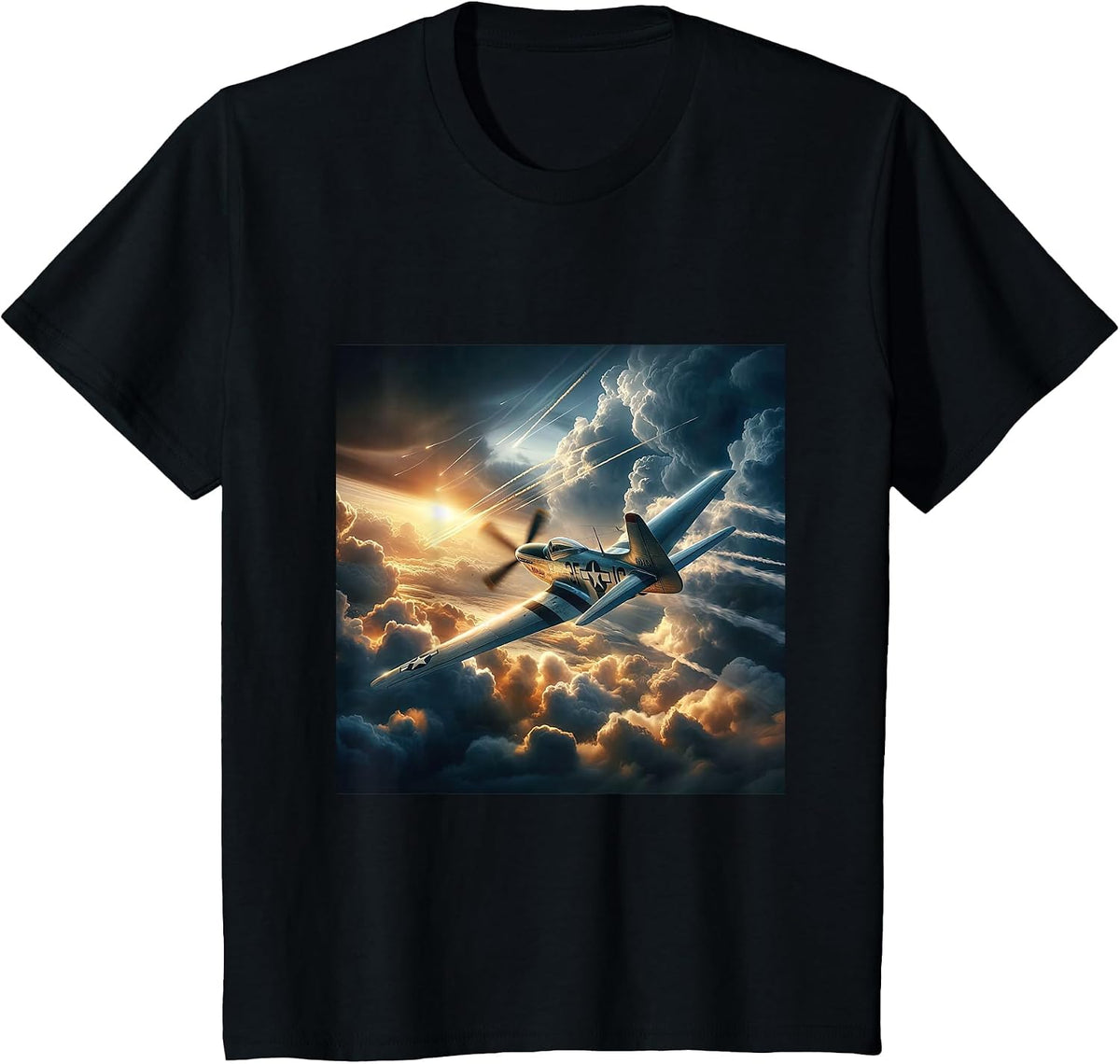 WWII Warbirds | P-51 Mustang in Dynamic Flight Cloudy Sky T-Shirt - Black