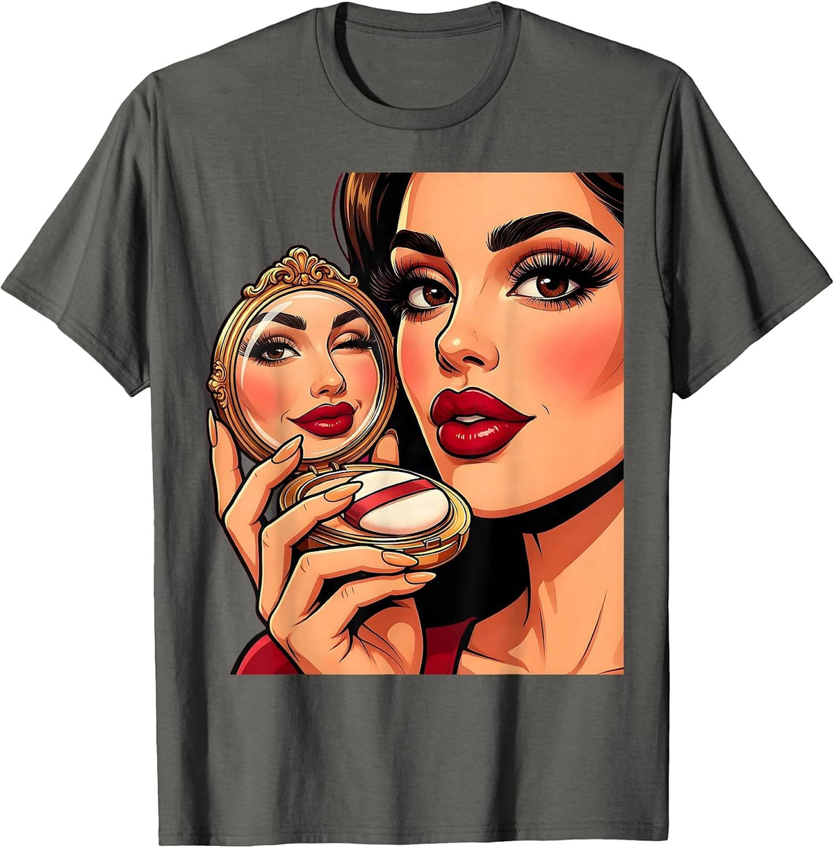 Gigi Bold Red Lips Compact Mirror Graphic T-Shirt - Asphalt Grey