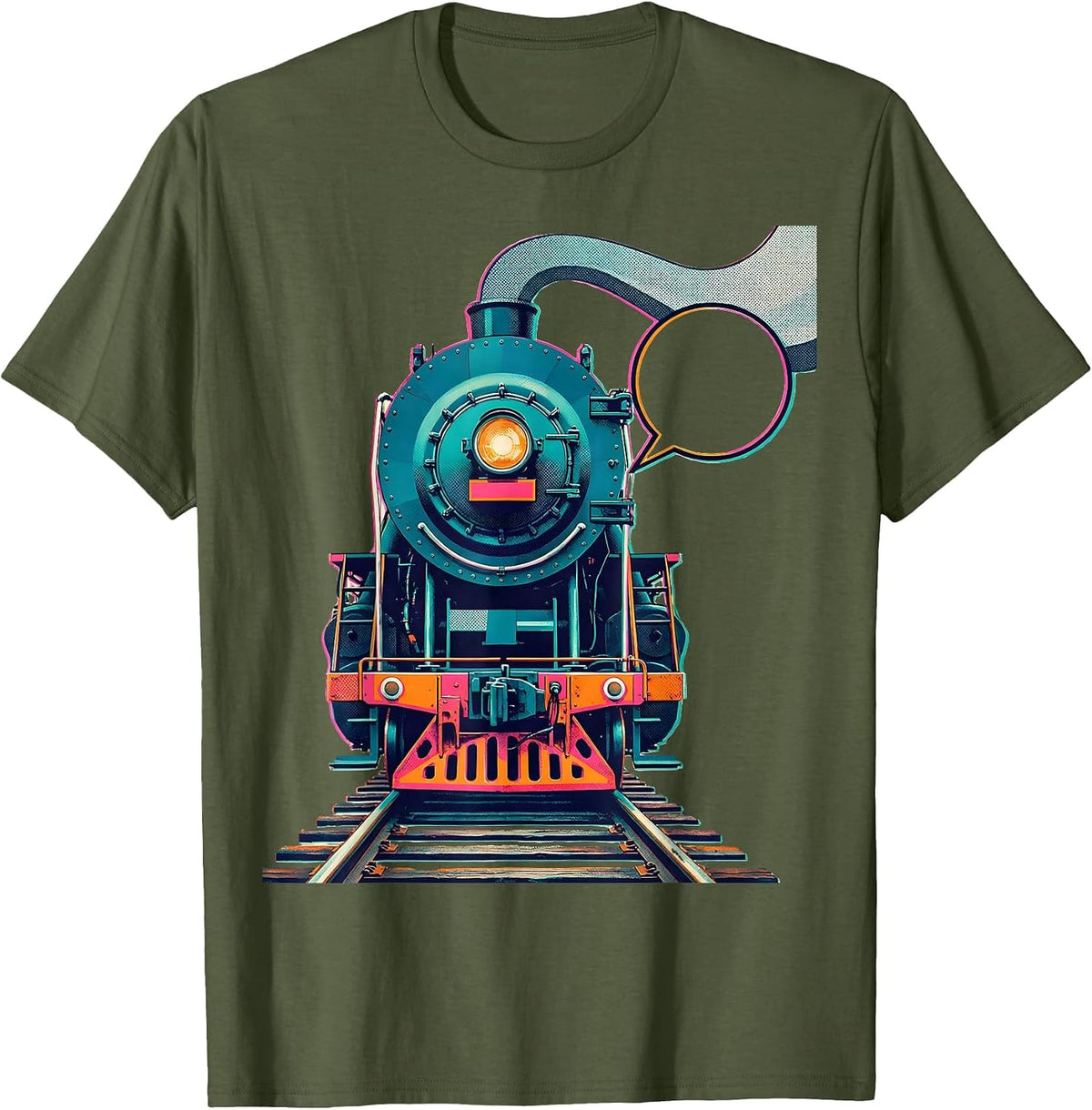 Men's Locomotive Face Risograph Train Enthusiast Humor T-Shirt - Olive Green