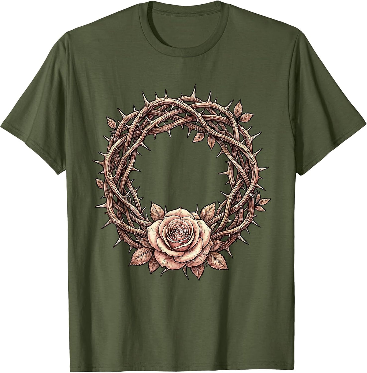 Crown of Thorns Rose Jesus Faith Graphic T-Shirt - Olive Green