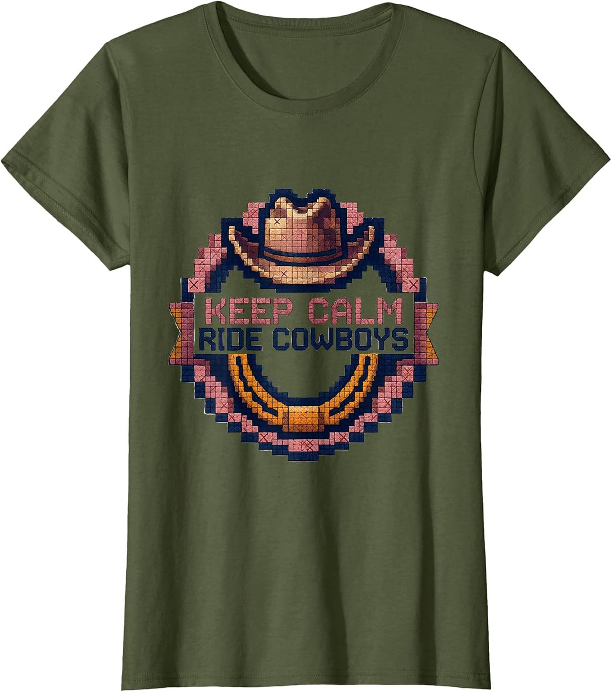 Women's Keep Calm Ride Cowboys Western Design T-Shirt - Olive Green