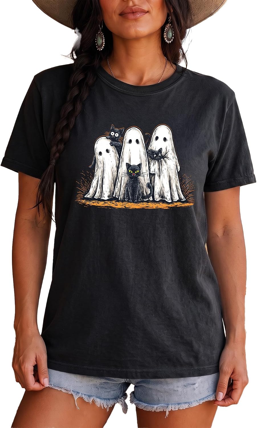 Ghosts and Black Cats Cute Halloween Graphic Tee - Black