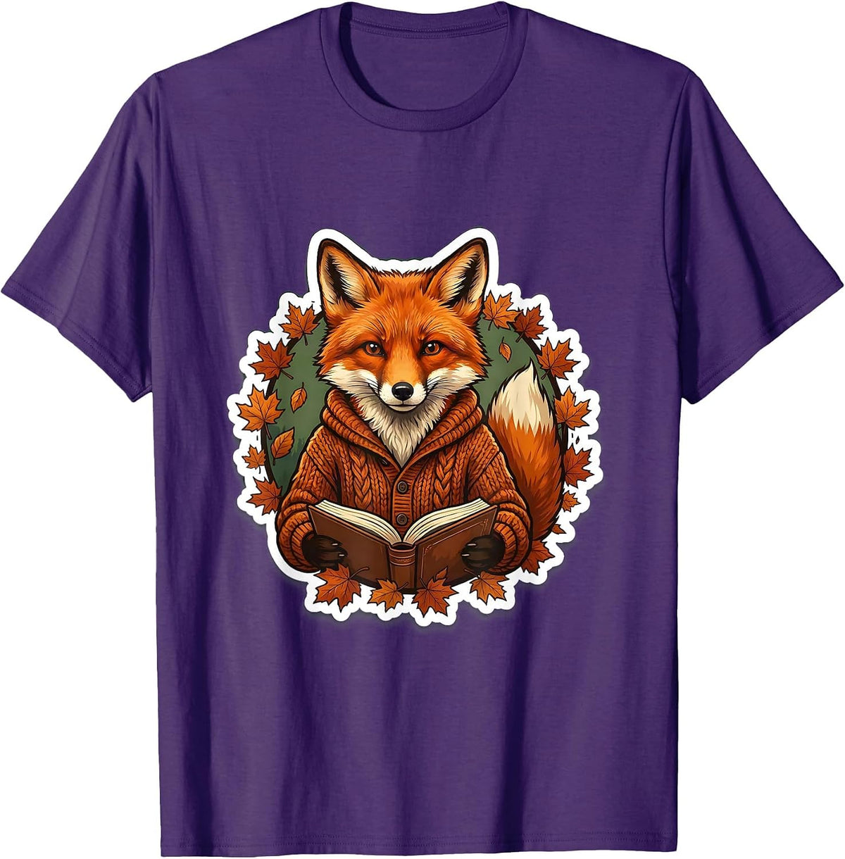 Fall Teacher Fox Reading Book Illustration T-Shirt - Purple