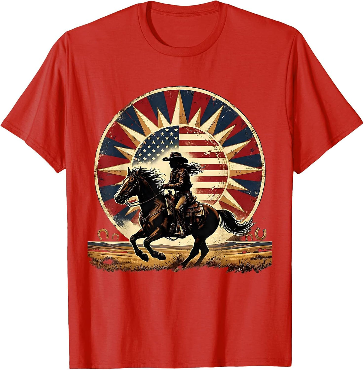 Men's Cowgirl Silhouette Horseback Sunset Graphic T-Shirt - Red
