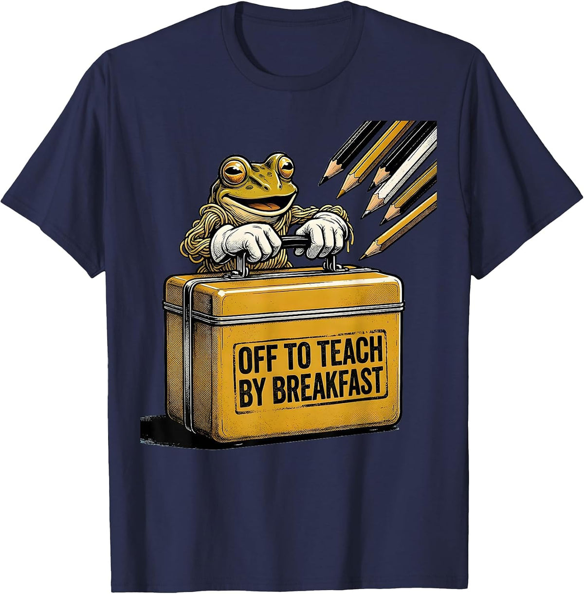 Men's Off To Teach By Breakfast Funny Frog Teacher Back To School T-Shirt - Navy Blue