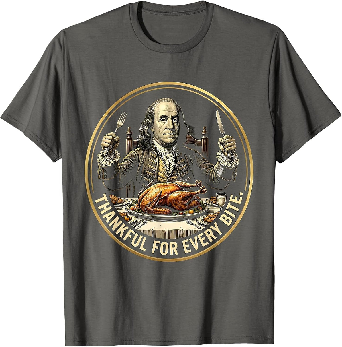 Thankful for Every Bite Kids Thanksgiving Design T-Shirt - Asphalt Grey
