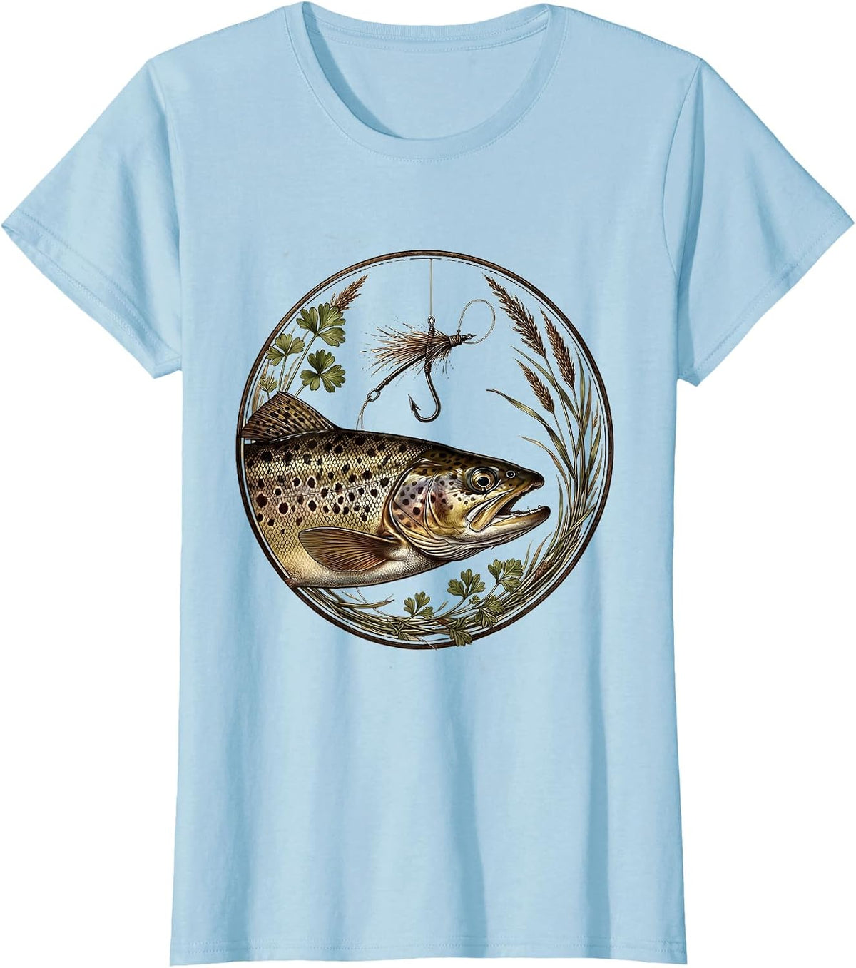 Fish Around and Find Trout Fishing Hook Illustration T-Shirt - Baby Blue