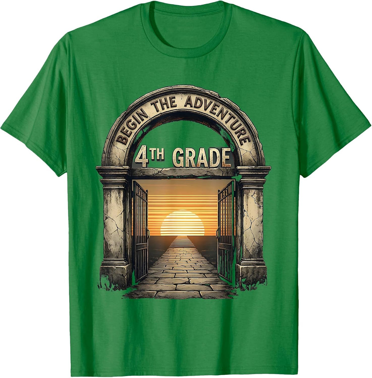 Men's Begin The Adventure 4th Grade Distressed Back To School T-Shirt - Kelly Green