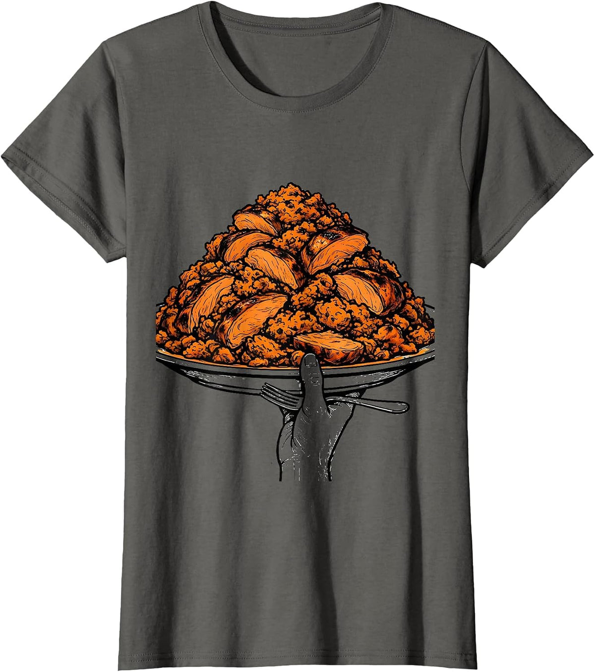 Women's Oversized Turkey Plate Funny Family Thanksgiving Humor T-Shirt - Asphalt Grey