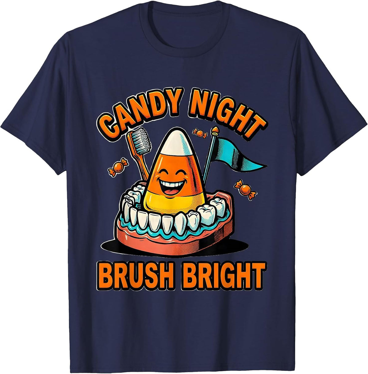 Candy Night Brush Bright Pop Art Dental Humor Halloween T-Shirt - Navy Blue
