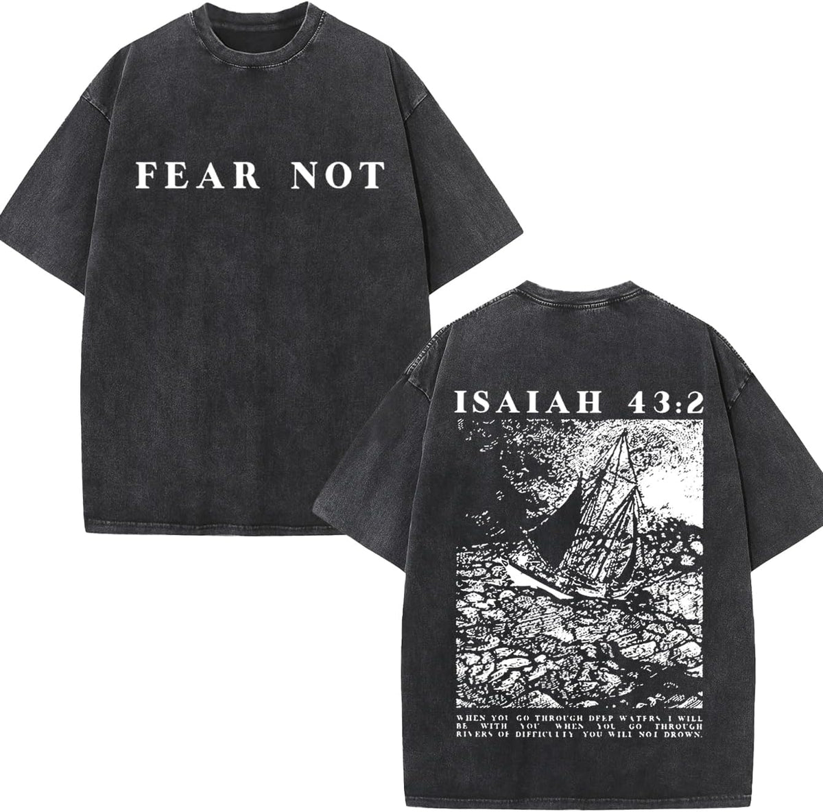 Vintage Christian T-Shirt, Isaiah 43:2 Fear Not Bible Verse Tee, Heavyweight Oversized Washed Streetwear - Black