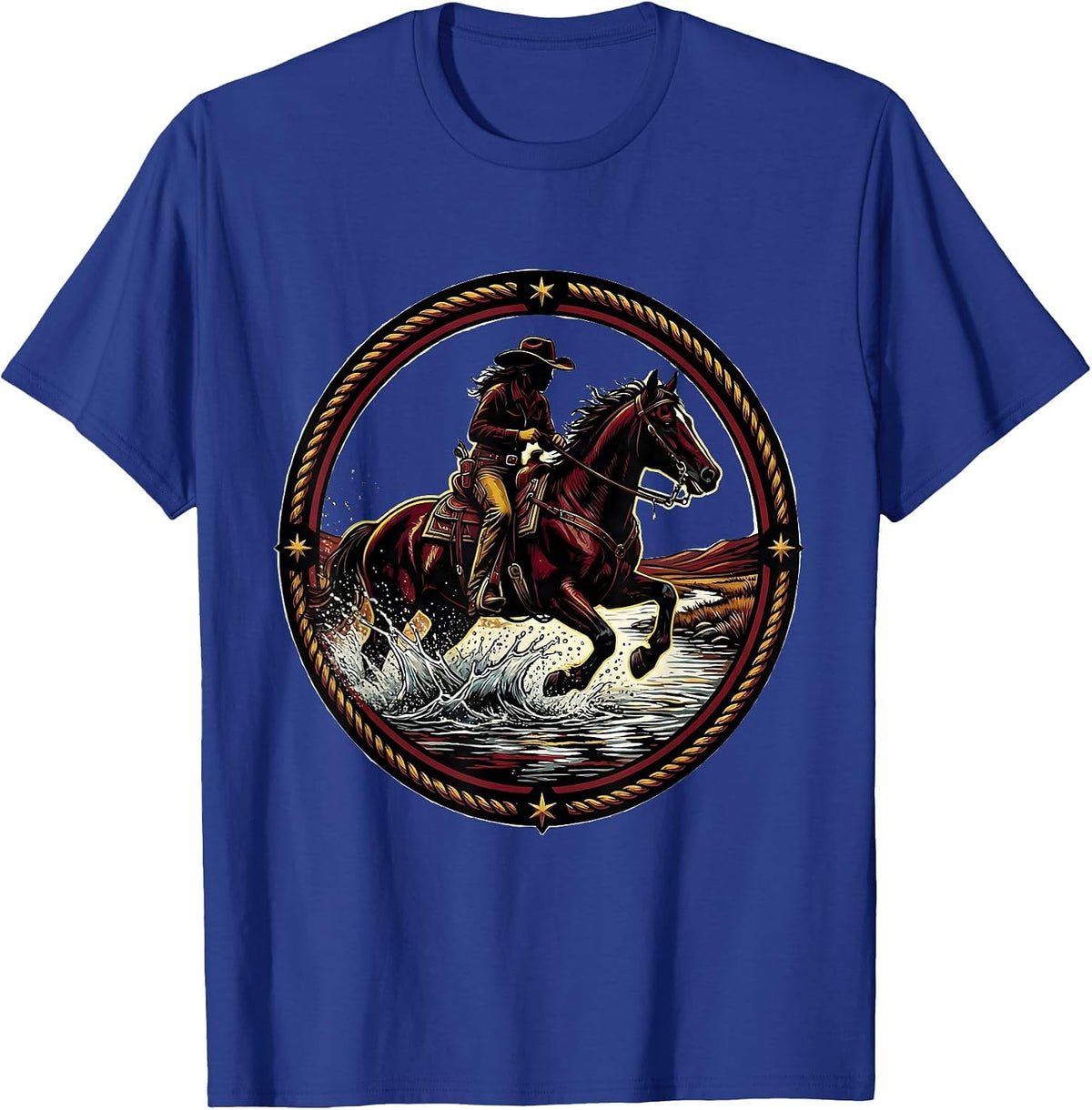Men's Cowgirl Riding Horse Through River Crossing T-Shirt - Royal Blue