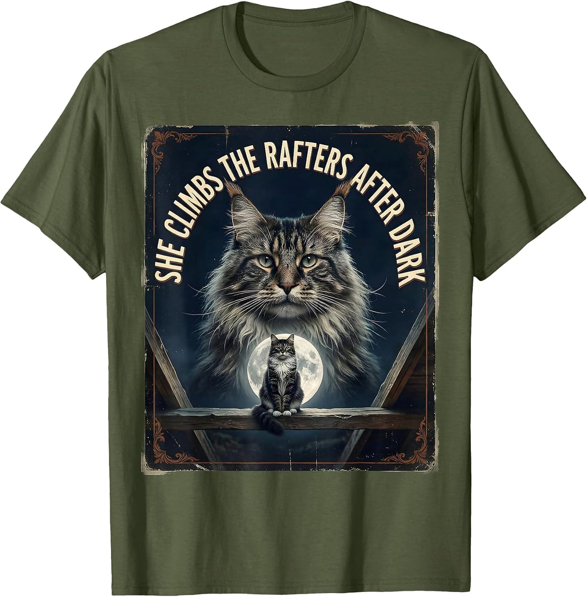 She Climbs The Rafters After Dark Vintage Norwegian Forest T-Shirt - Olive Green