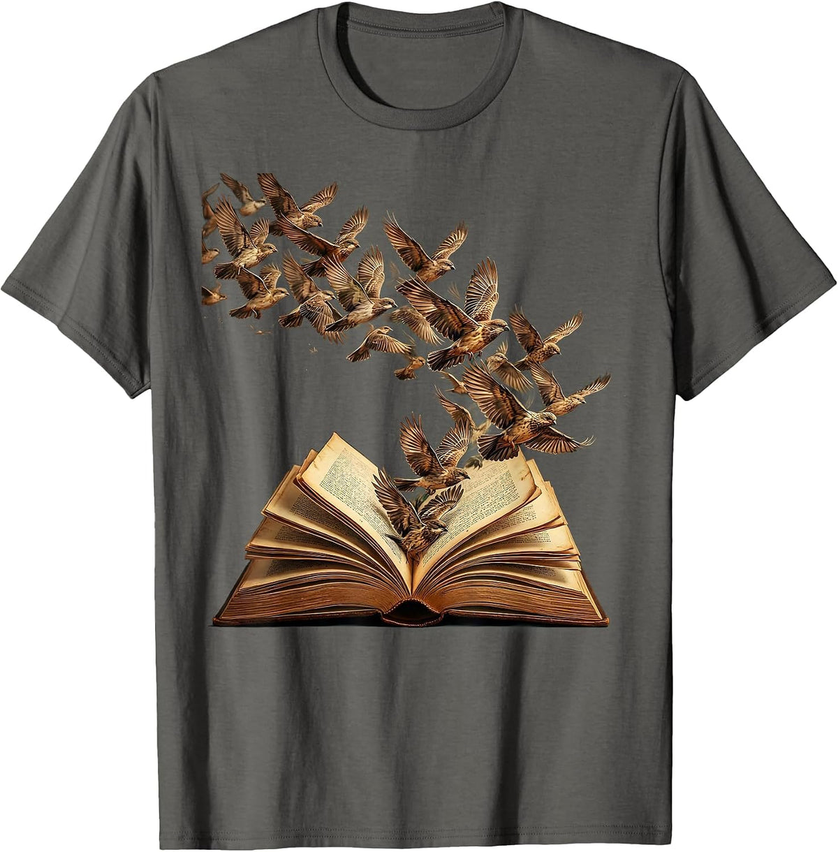 Open Book Birds In Flight Teacher Graphic T-Shirt - Asphalt Grey