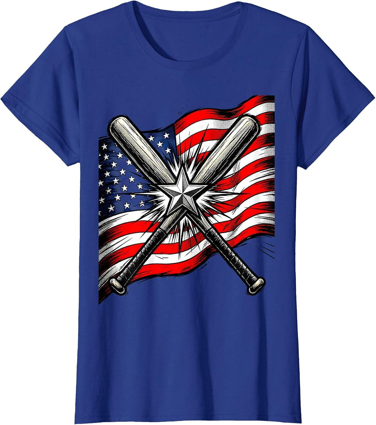 Women's Boys Red White and Blue Crossed Baseball Bats T-Shirt - Royal Blue