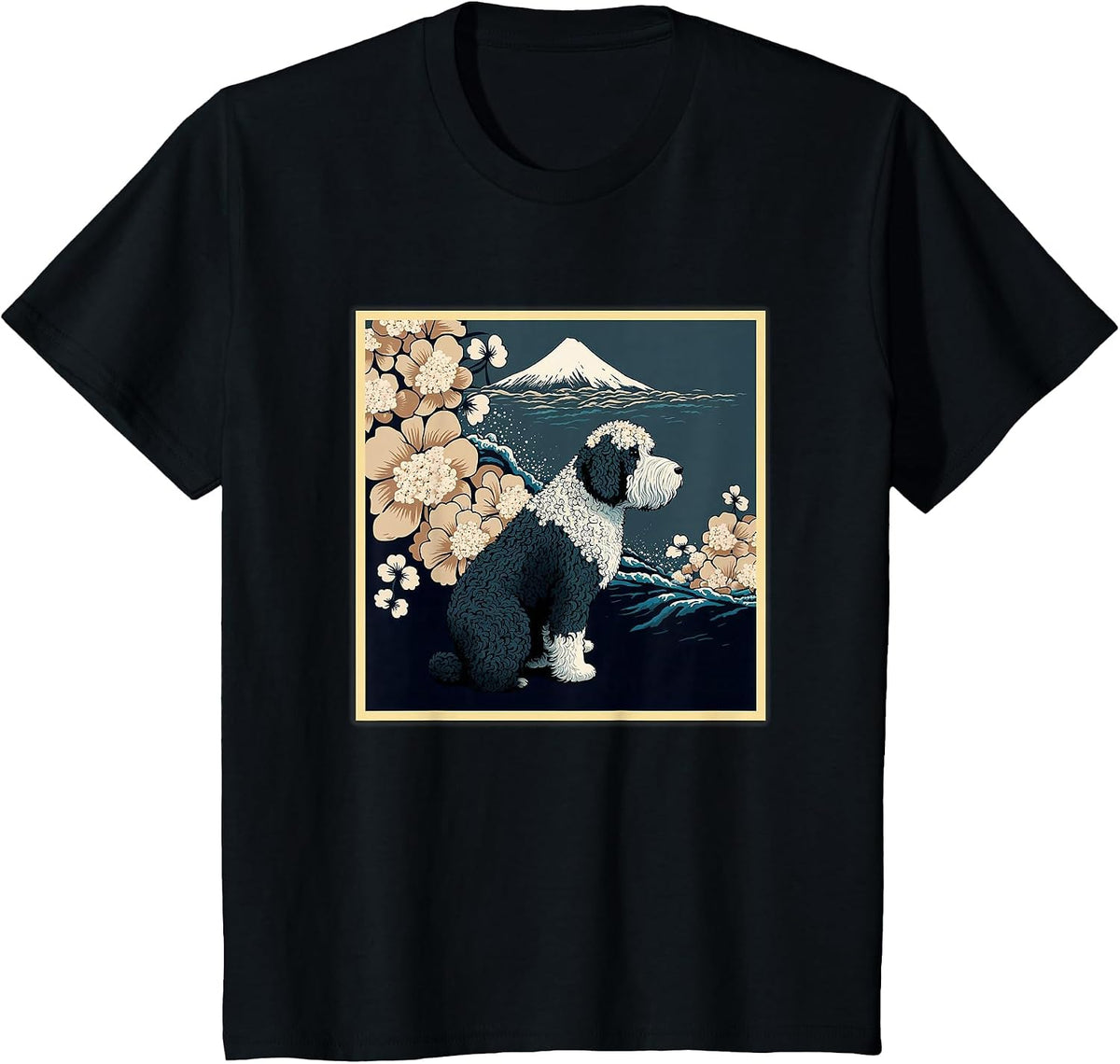 Surrealism Japanese Painting Sheepadoodle Dog T-Shirt - Black