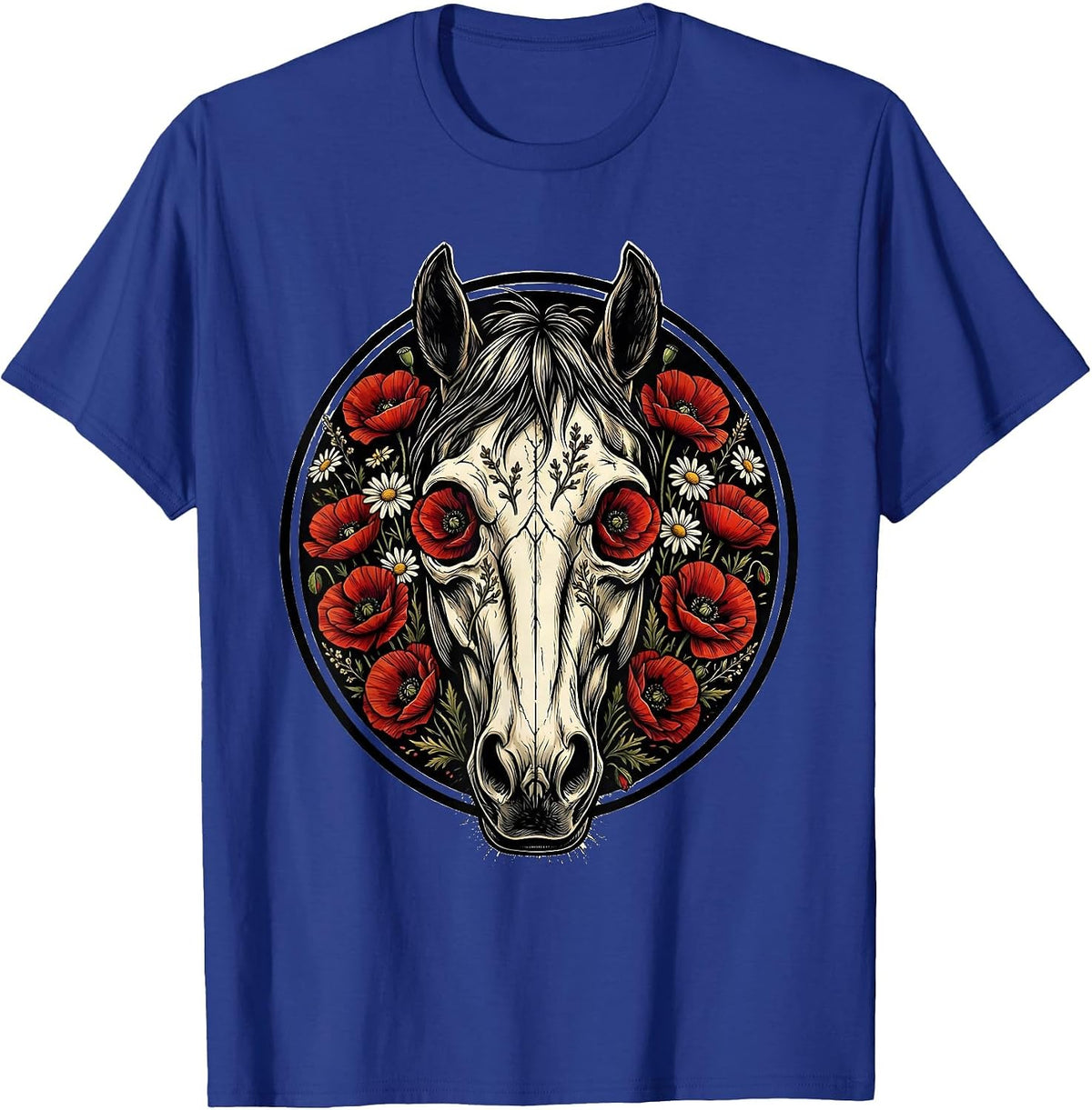 Horse Skull Wildflowers Boho Nature Art Design T-Shirt - Royal Blue