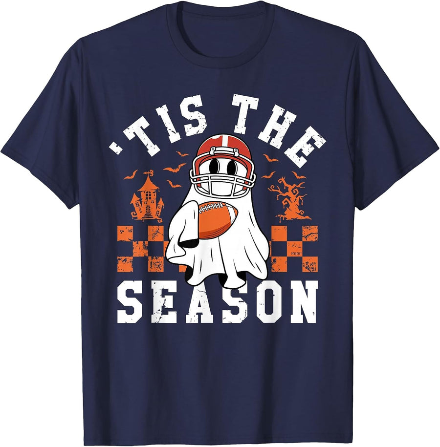 Tis The Season American Football Halloween Spooky Ghost T-Shirt - Navy Blue