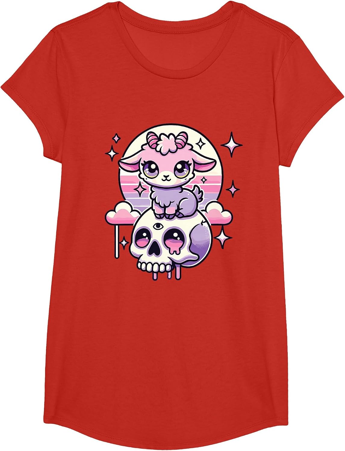 Kawaii Pastel Goth Cute Creepy Goat Bat Skeleton T-Shirt - Girls Red