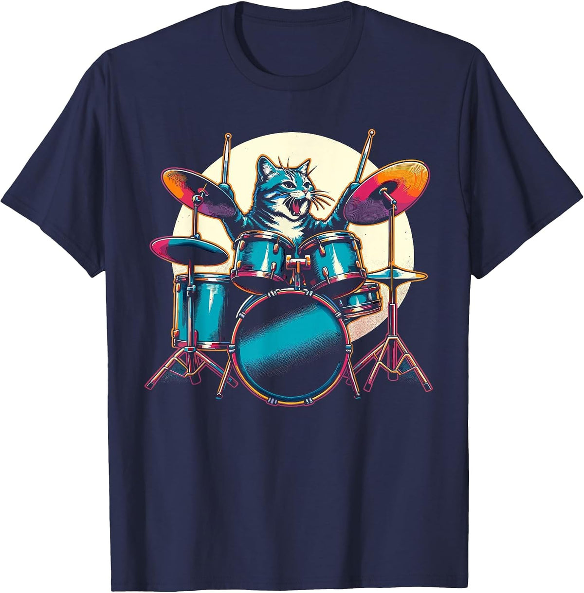 Cat Playing Drums Drummer Novelty Music Lover Funny Drummer T-Shirt - Navy Blue