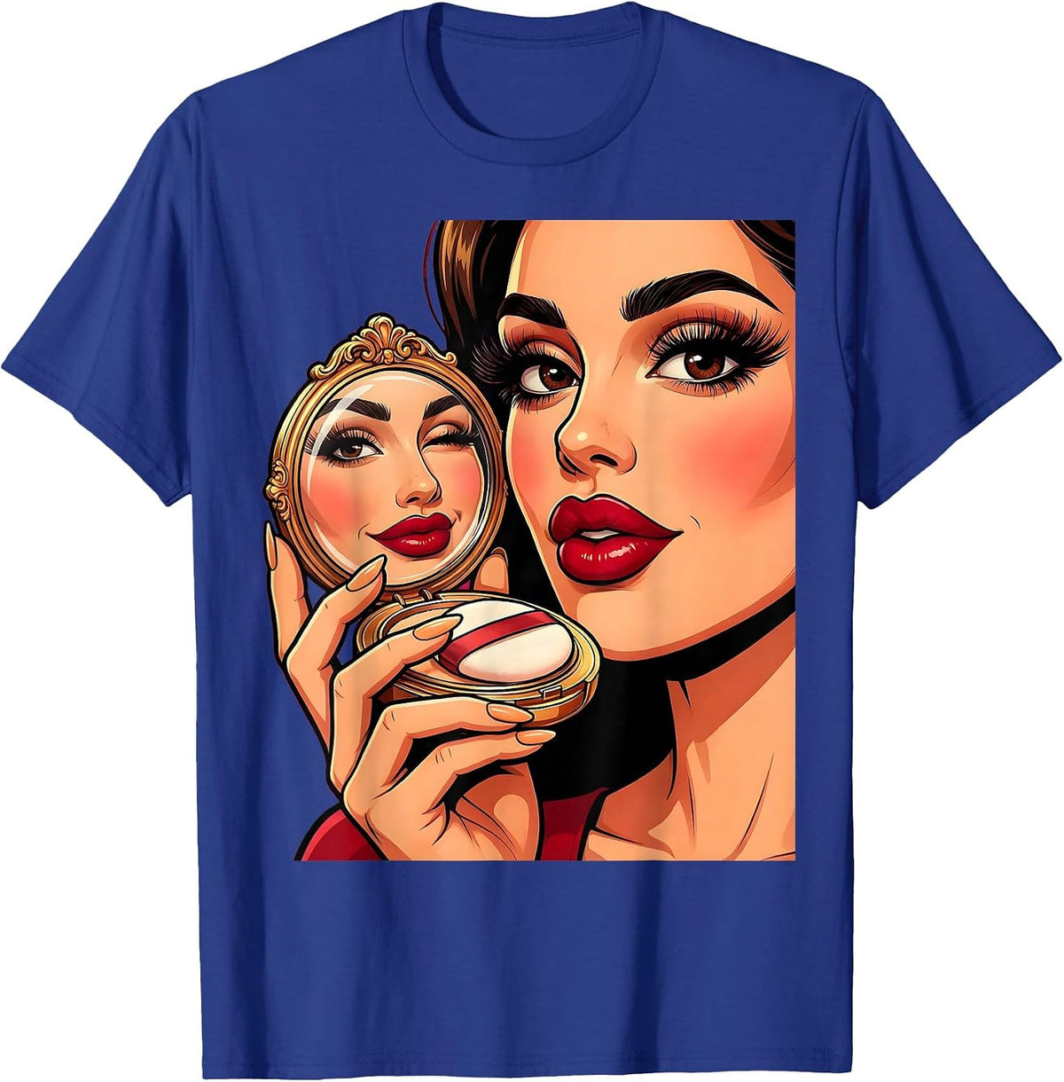 Gigi Bold Red Lips Compact Mirror Graphic T-Shirt - Royal Blue