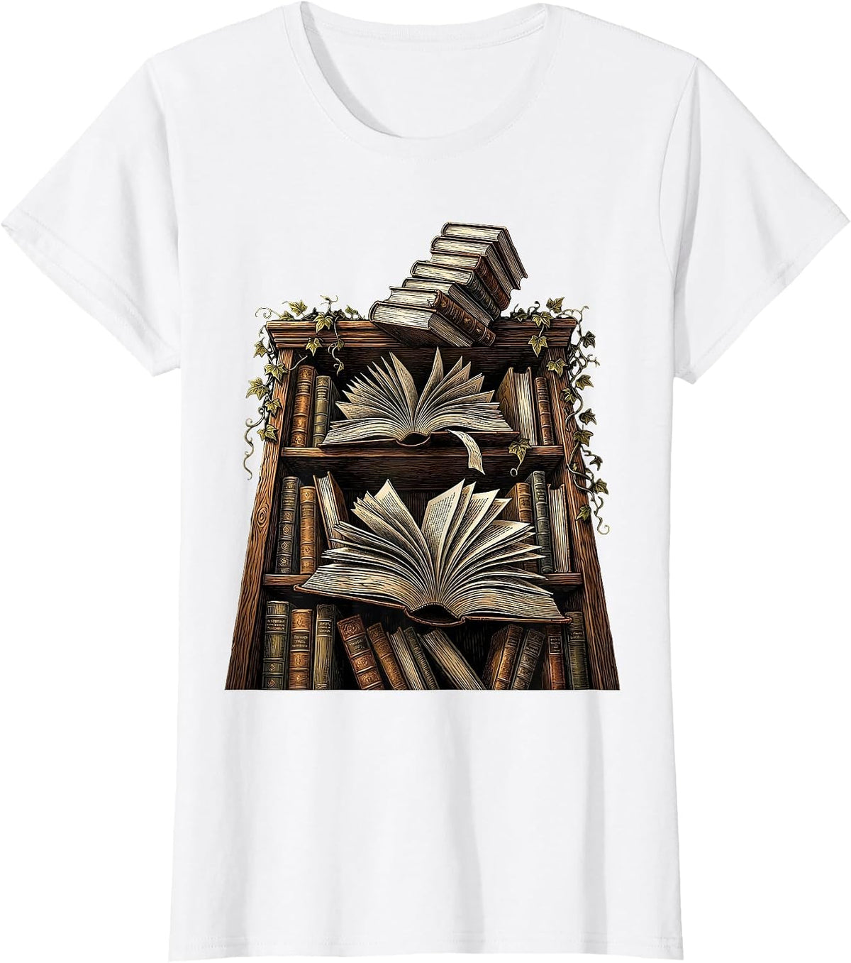 Women's Overflowing Bookshelf Illustration for Book Lovers T-Shirt - White