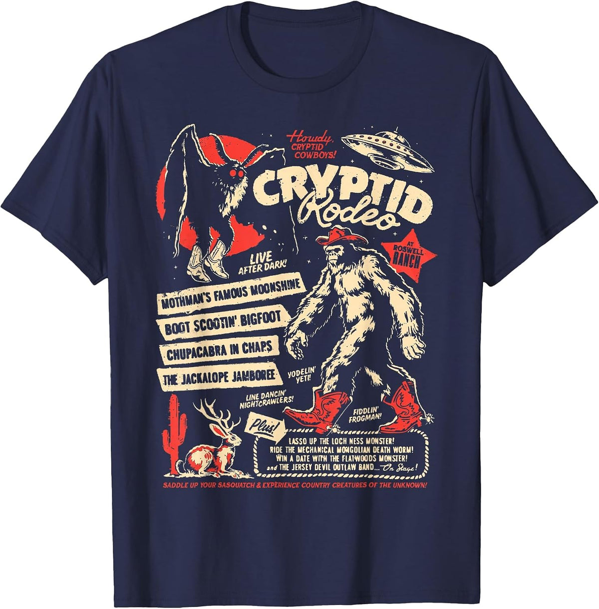Cryptid Rodeo Mothman Chupacabra Jackalope Cowboy Halloween T-Shirt - Navy Blue