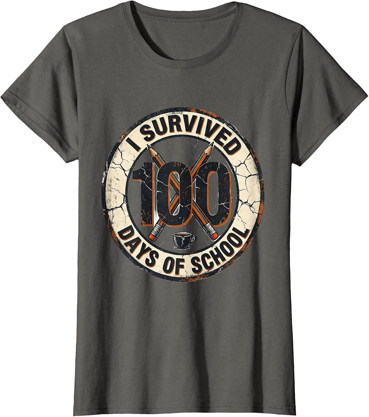 Women's I Survived 100 Days Of School Distressed Teacher Humor T-Shirt - Asphalt Grey