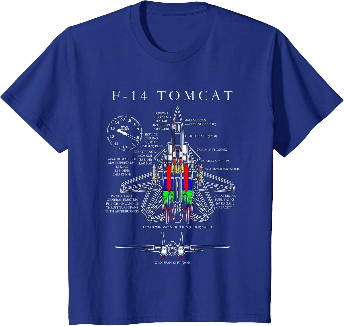 F-14 Tomcat Specs Shirt Tshirt T-Shirt - Royal Blue