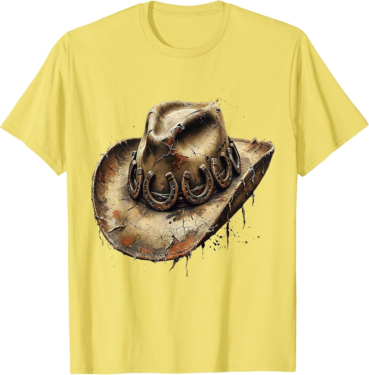 Men's Cowboy Hat Horseshoe Western Graphic Design T-Shirt - Lemon Yellow