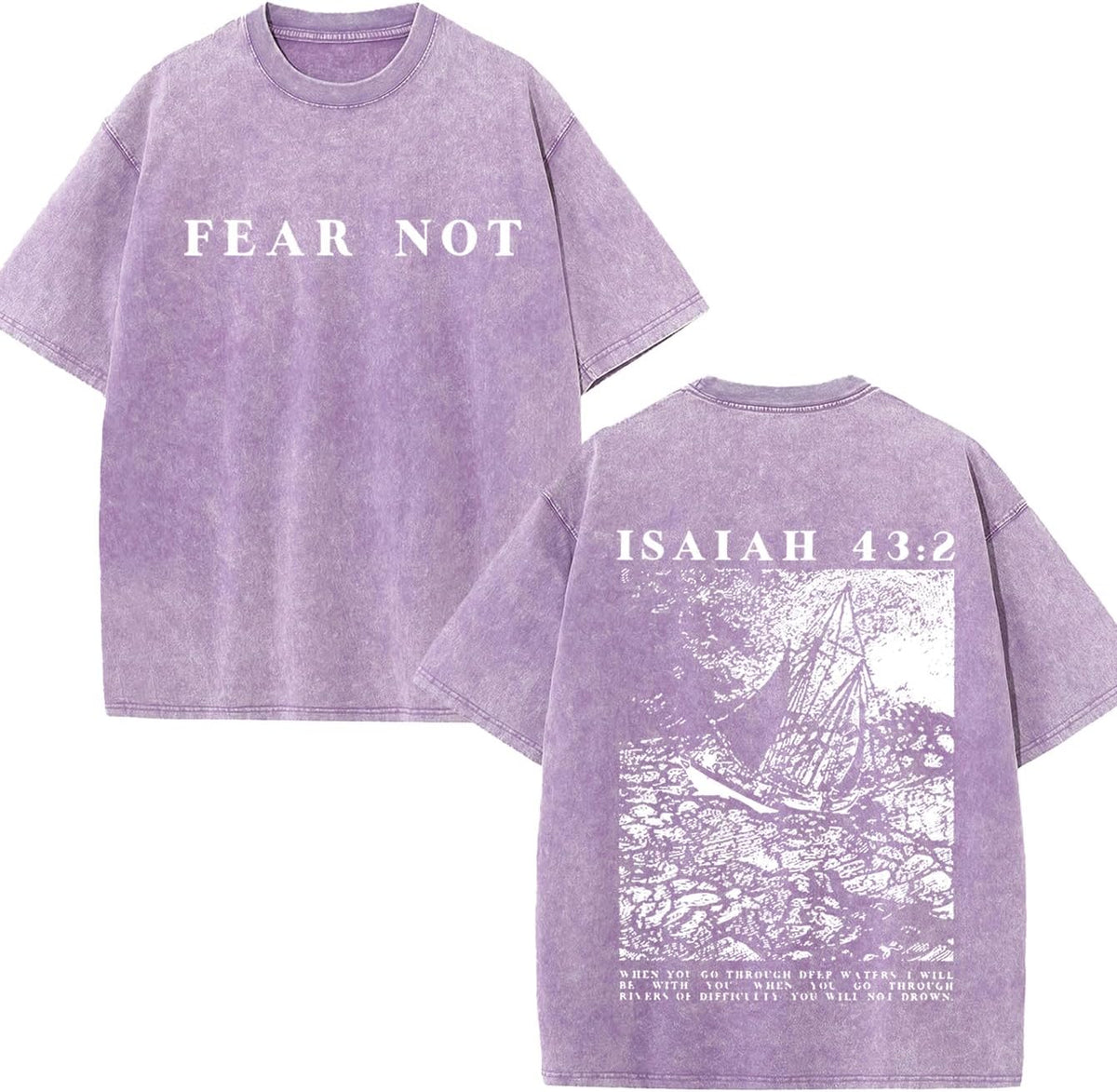 Vintage Christian T-Shirt, Isaiah 43:2 Fear Not Bible Verse Tee, Heavyweight Oversized Washed Streetwear - Purple