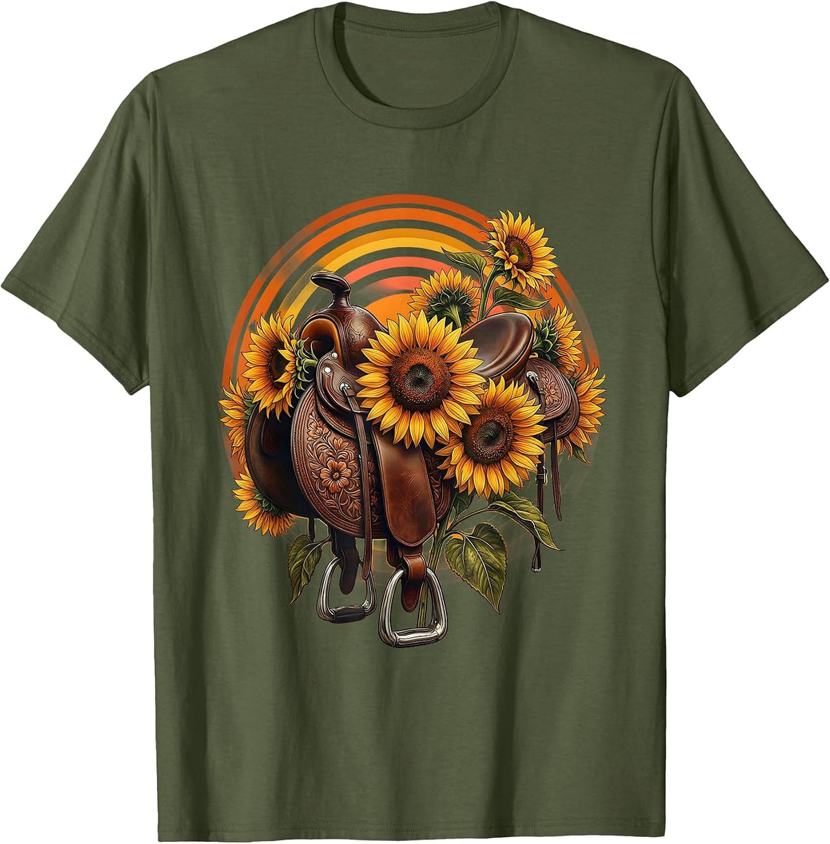 Western Saddle Sunflower Floral Illustration T-Shirt - Olive Green