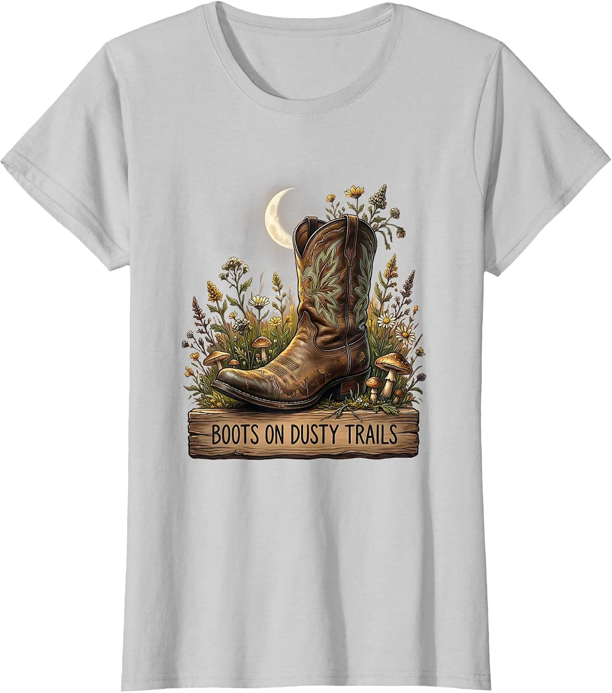 Women's Boots on Dusty Trails Western Graphic Design T-Shirt - Silver Grey