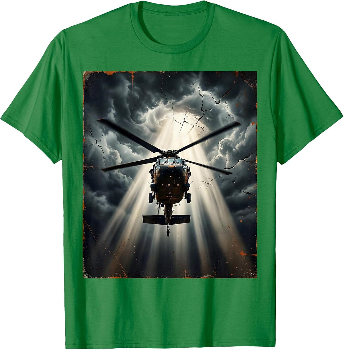 Men's Helicopter Spotlight Through Dark Stormy Clouds T-Shirt - Kelly Green